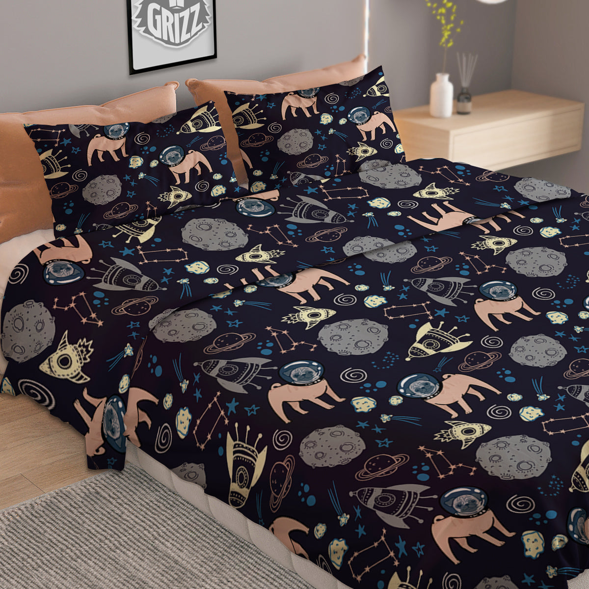 Pug And Astronaut In The Space Print Pattern Duvet Cover Bedding Set