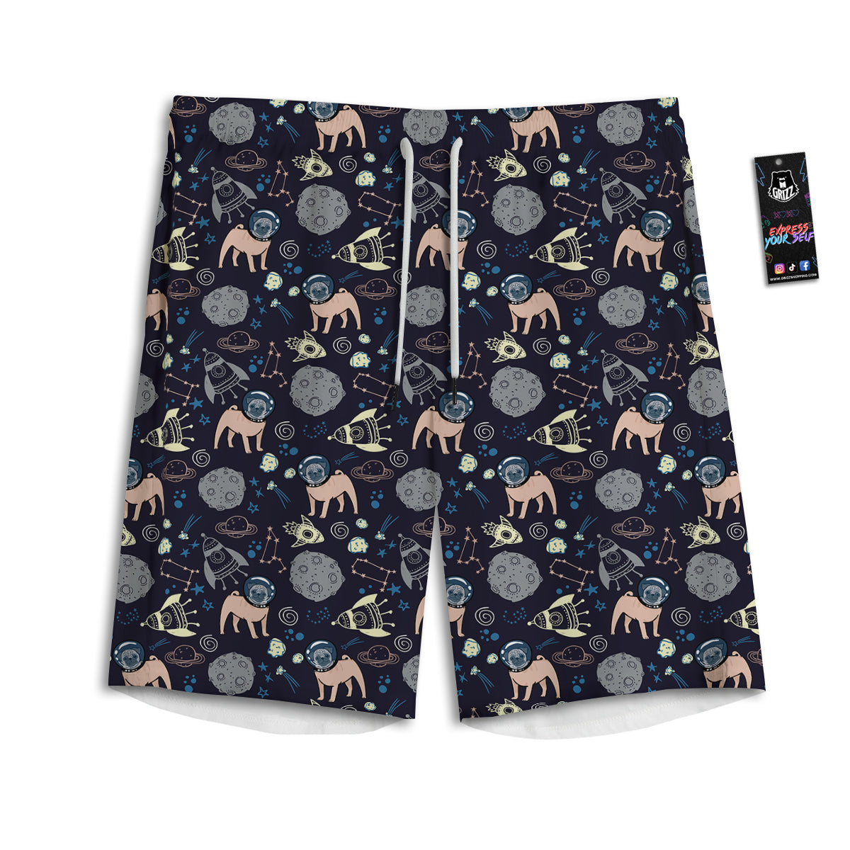 Pug And Astronaut In The Space Print Pattern Men's Athletic Shorts