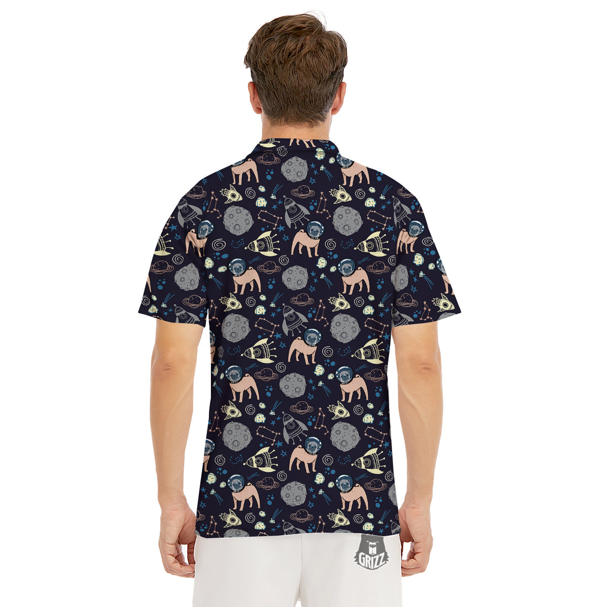 Pug And Astronaut In The Space Print Pattern Men's Golf Shirts-grizzshop