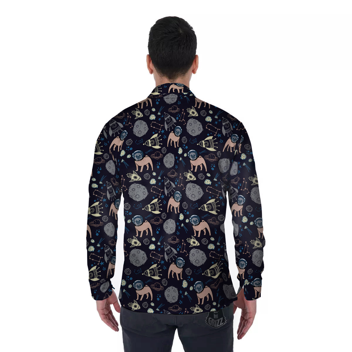 Pug And Astronaut In The Space Print Pattern Men's Long Sleeve Shirts-grizzshop