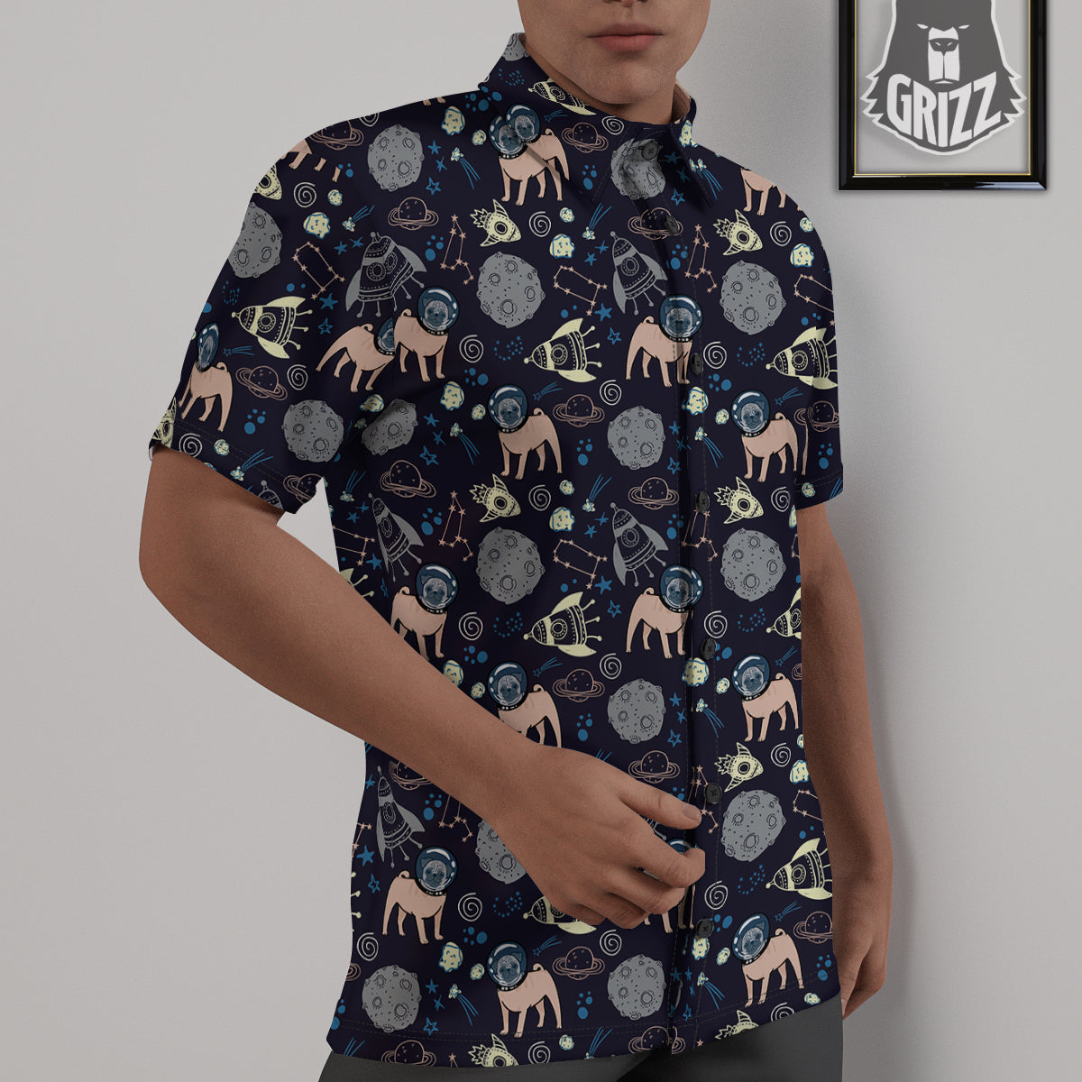 Pug And Astronaut In The Space Print Pattern Untucked Shirts-grizzshop