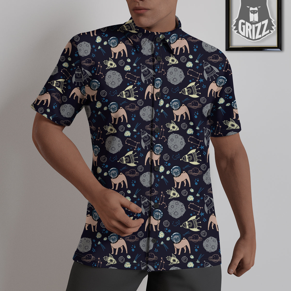 Pug And Astronaut In The Space Print Pattern Untucked Shirts-grizzshop