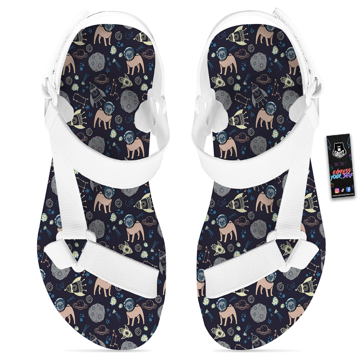 Pug And Astronaut In The Space Print Pattern White Open Toe Sandals-grizzshop