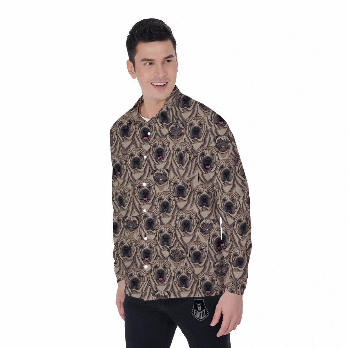 Pug And Shar Pei Print Pattern Men's Long Sleeve Shirts-grizzshop