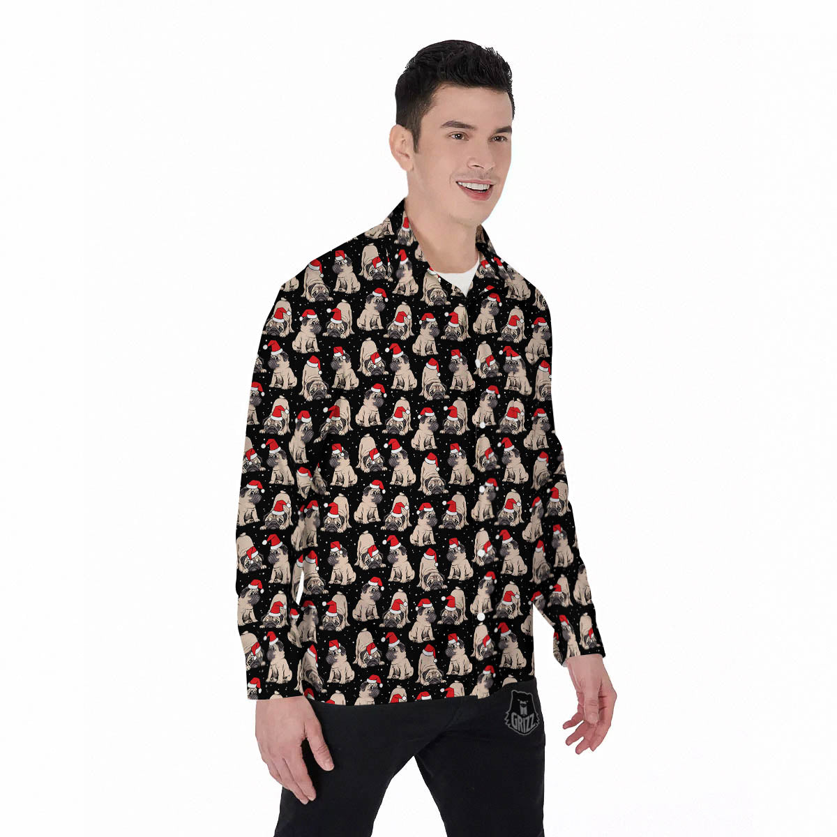 Pug Christmas Santa Print Pattern Men's Long Sleeve Shirts-grizzshop