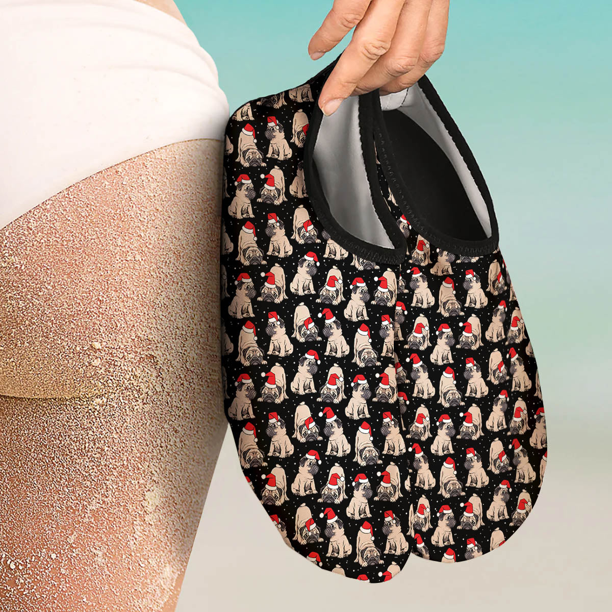Pug Christmas Santa Print Pattern Water Shoes-grizzshop