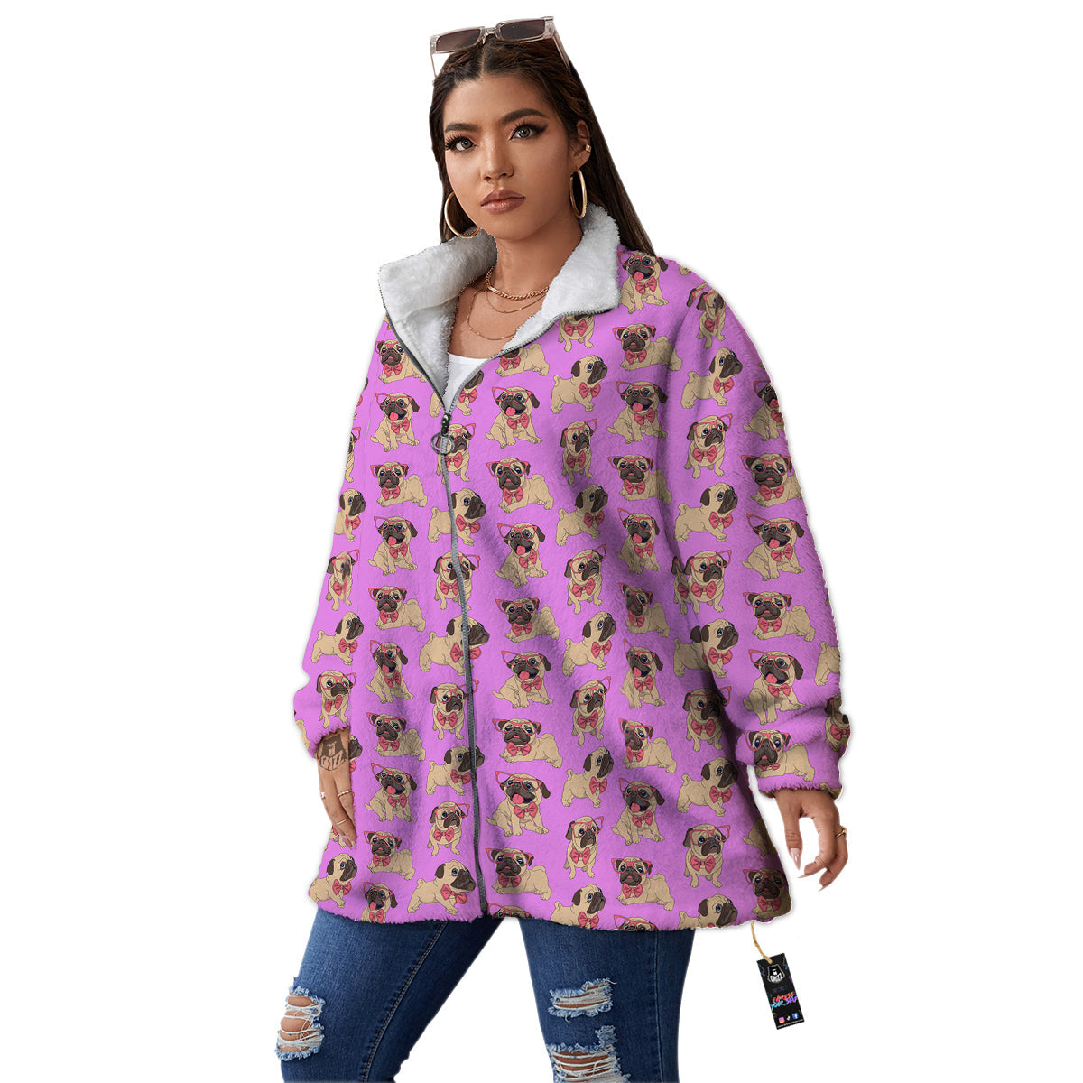 Pug Cute Print Pattern Women's Sherpa Jacket-grizzshop