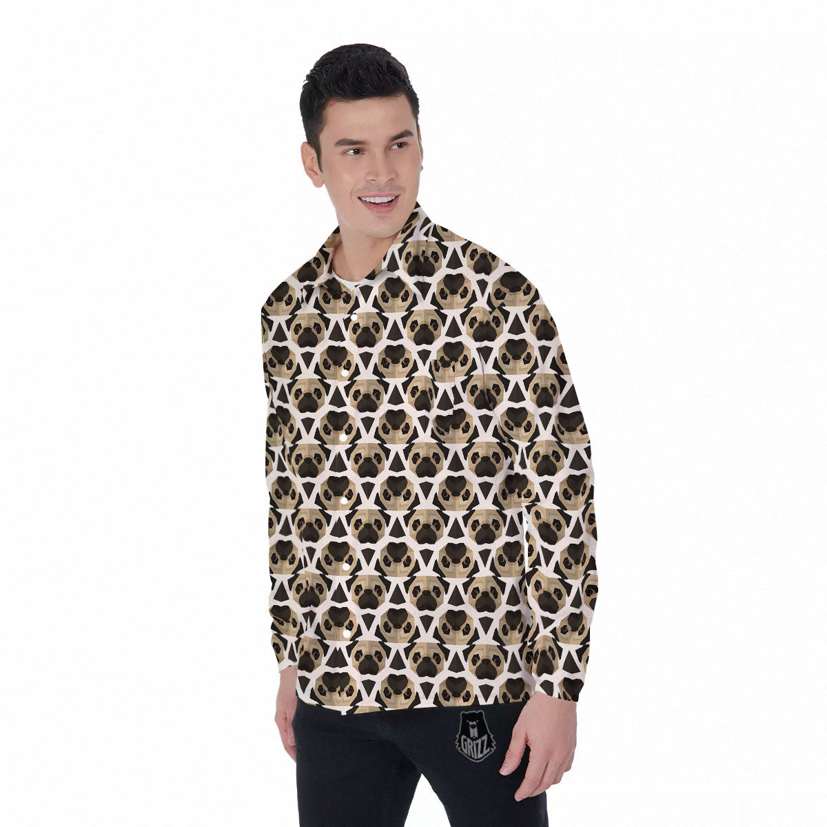 Pug Geometric Print Pattern Men's Long Sleeve Shirts-grizzshop