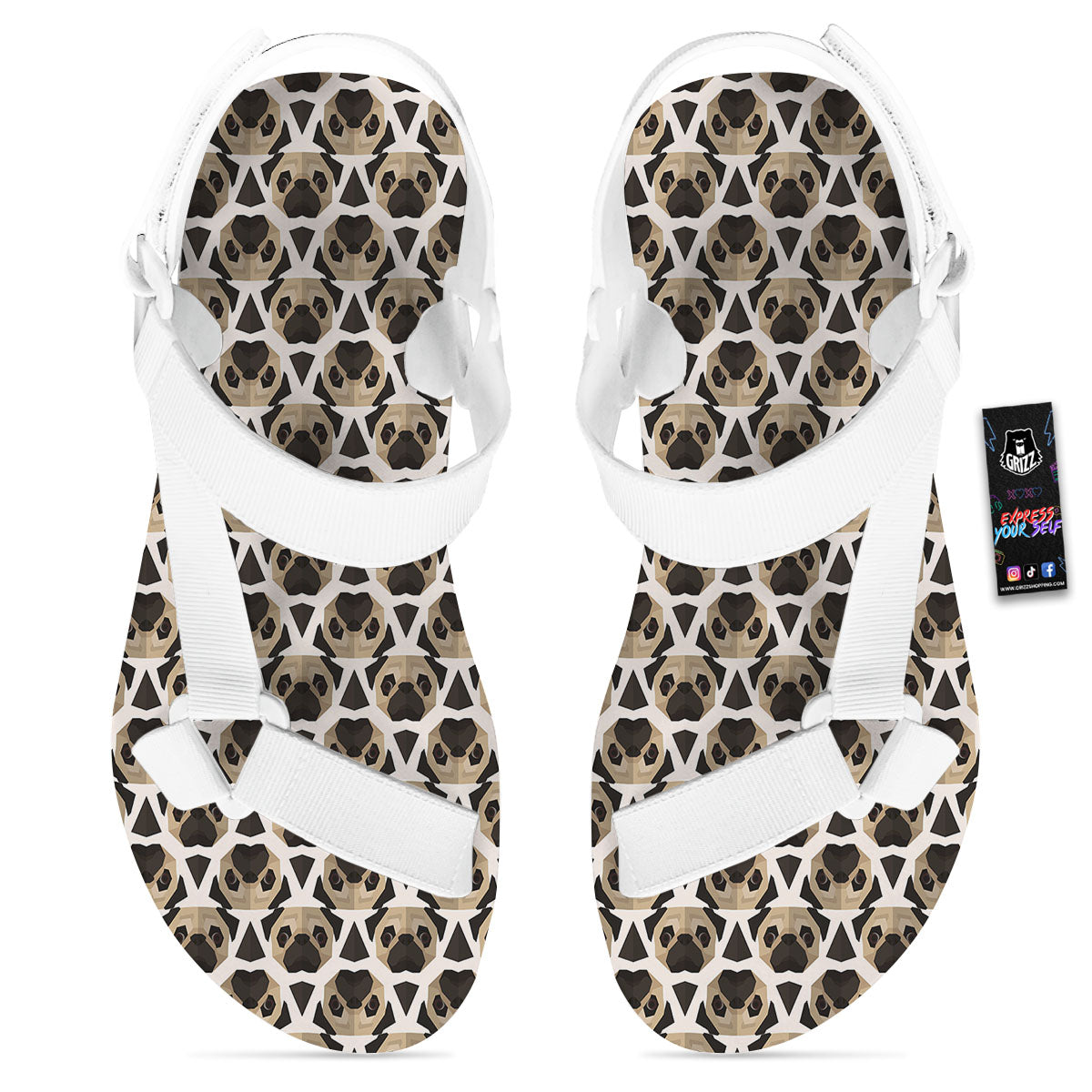 Pug Geometric Print Pattern White Open Toe Sandals-grizzshop