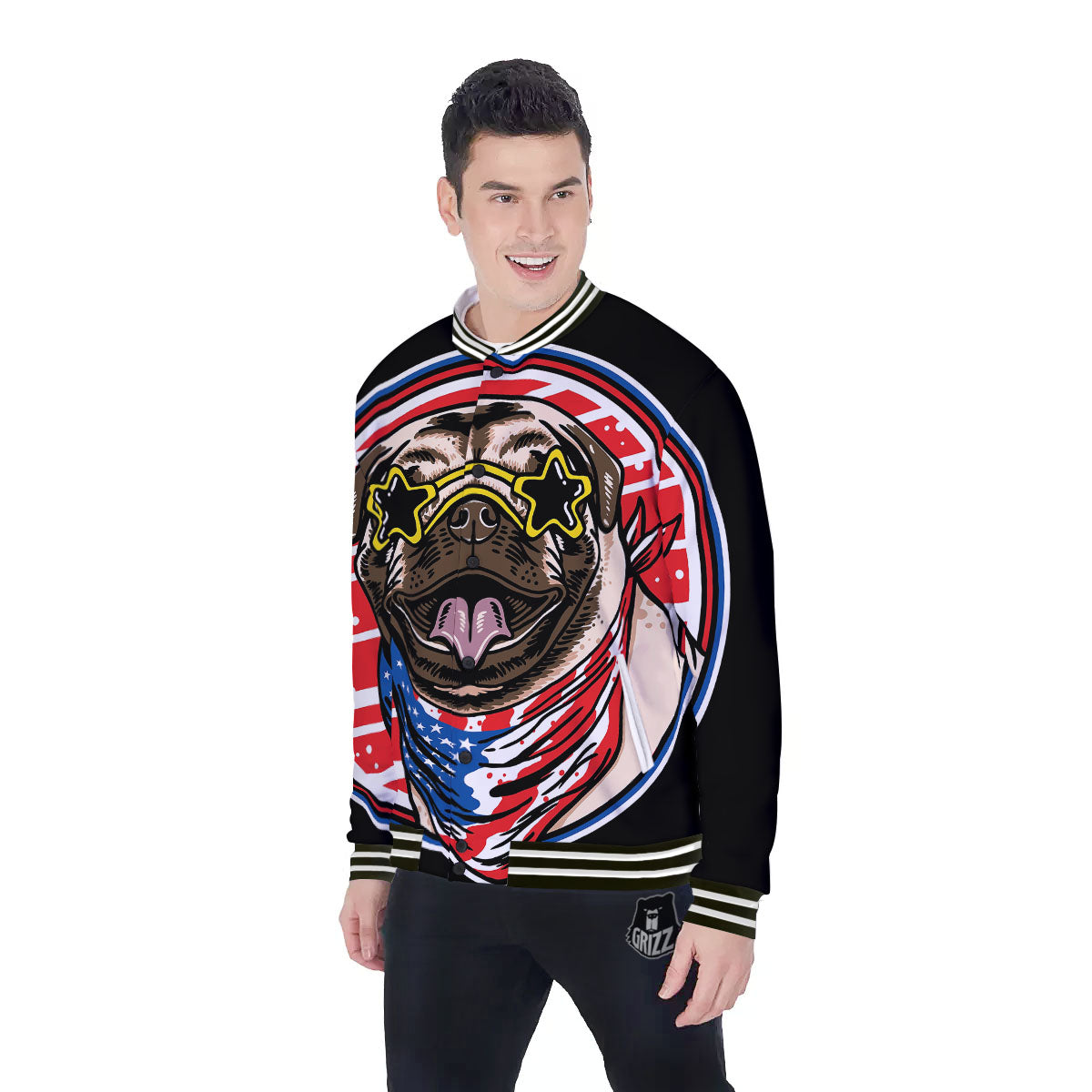 Pug Hipster Print Baseball Jacket-grizzshop