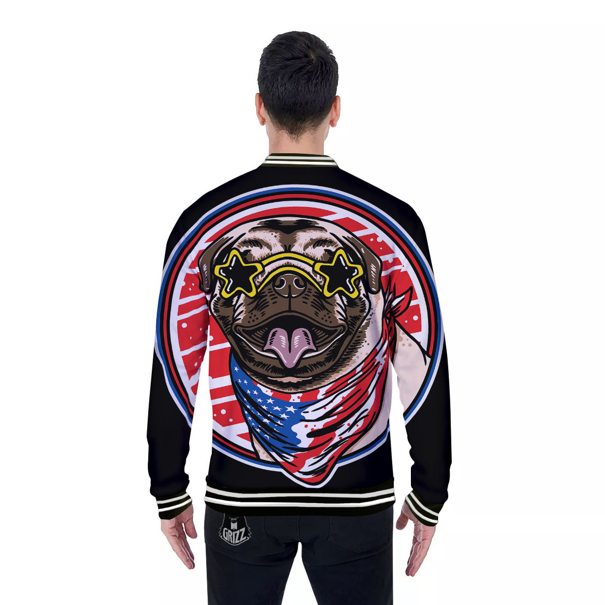 Pug Hipster Print Baseball Jacket-grizzshop