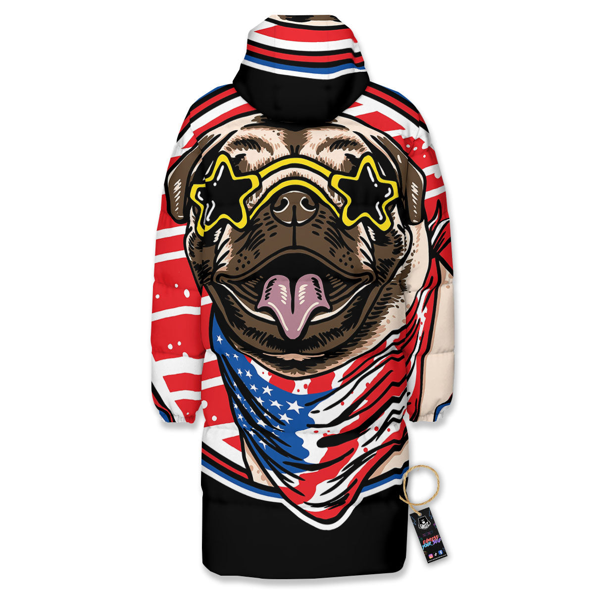 Pug Hipster Print Long Down Jacket-grizzshop