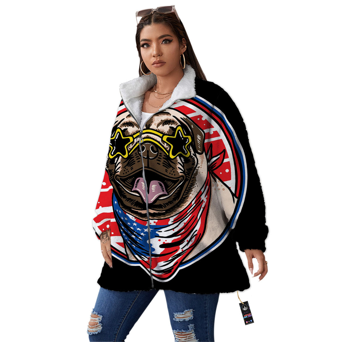 Pug Hipster Print Women's Sherpa Jacket-grizzshop