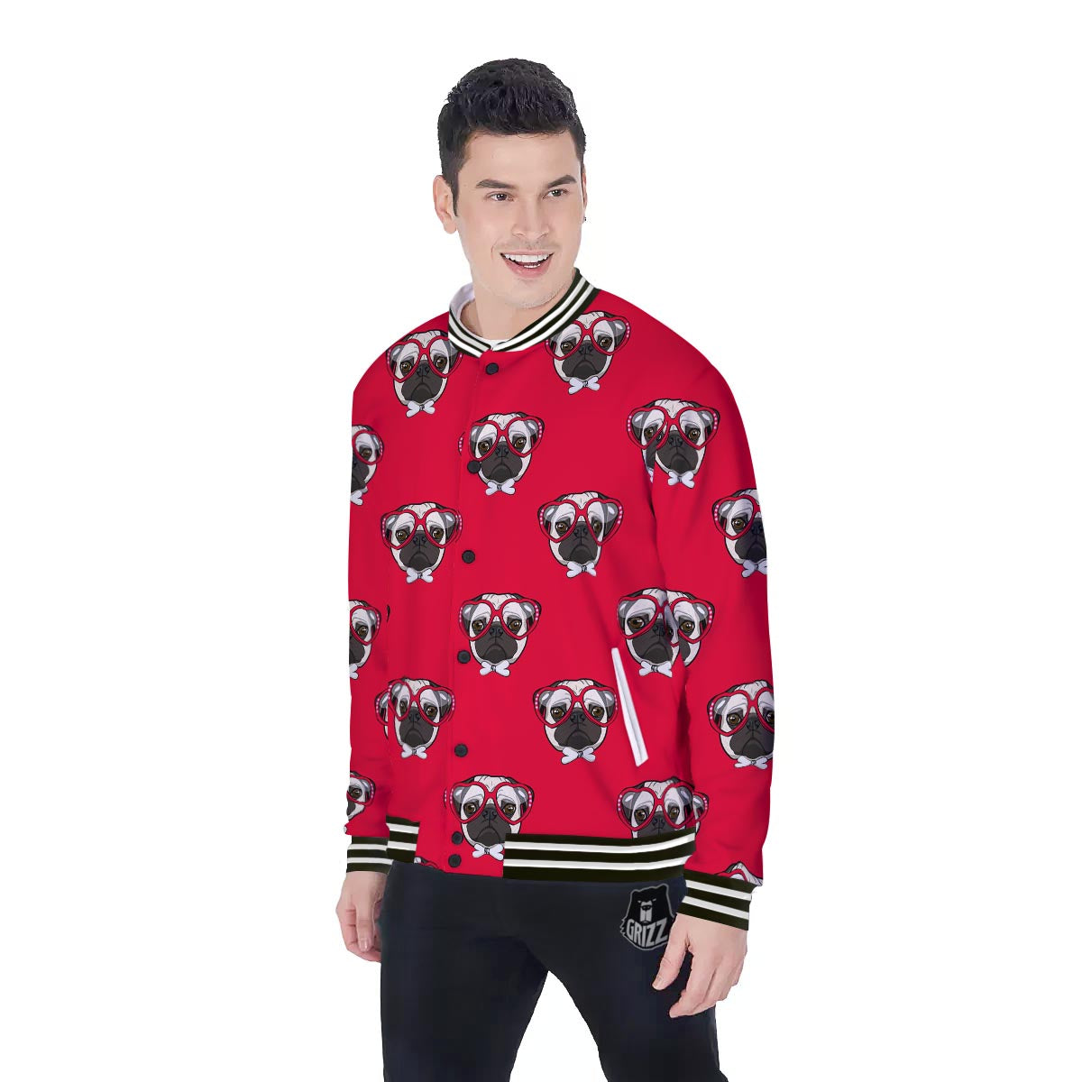 Pug Red Glasses Print Pattern Baseball Jacket-grizzshop