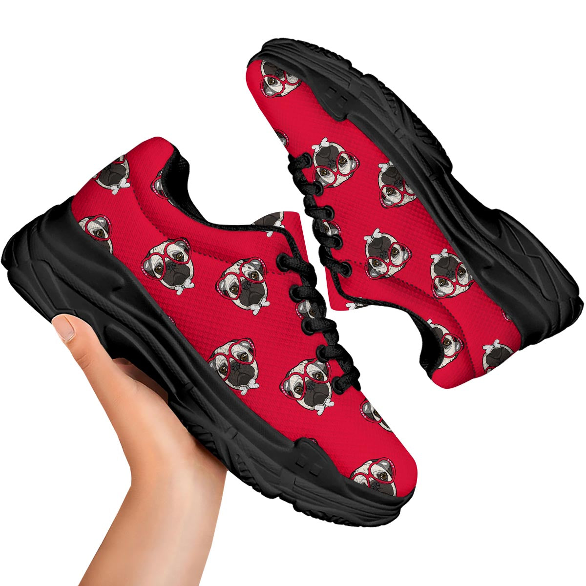 Pug Red Glasses Print Pattern Black Chunky Shoes-grizzshop