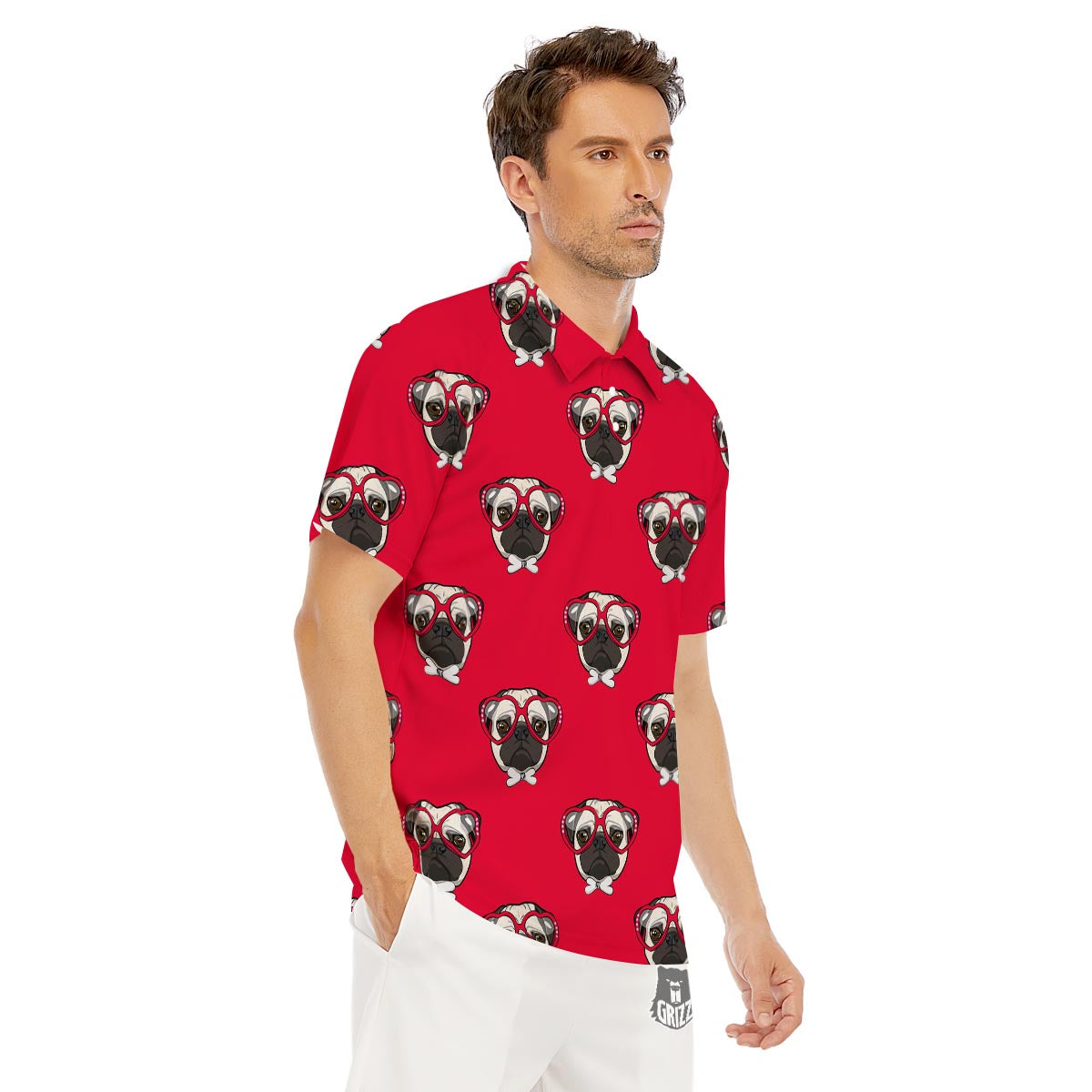 Pug Red Glasses Print Pattern Men's Golf Shirts-grizzshop