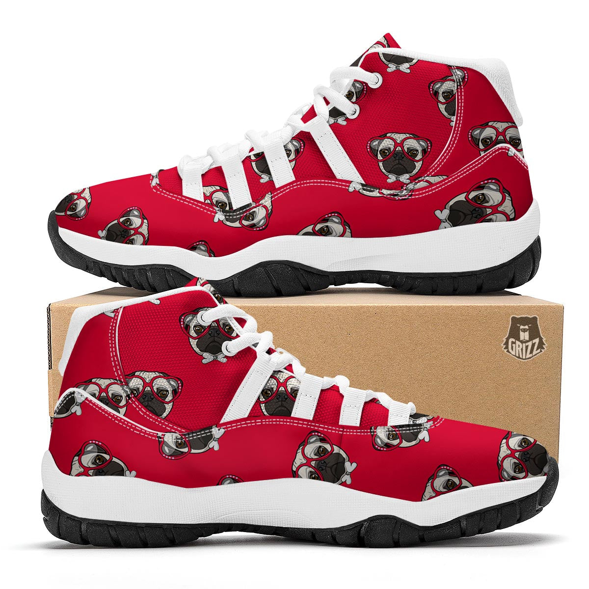 Pug Red Glasses Print Pattern White Bball Shoes-grizzshop