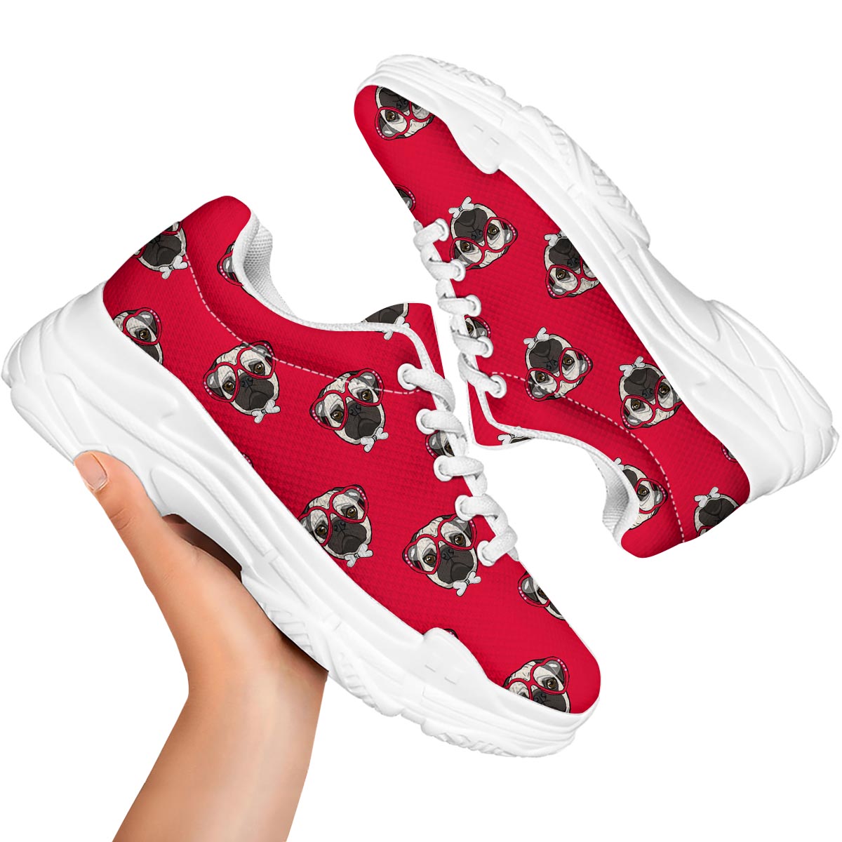 Pug Red Glasses Print Pattern White Chunky Shoes-grizzshop