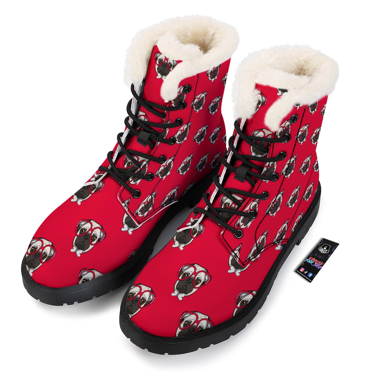 Pug Red Glasses Print Pattern Winter Boots-grizzshop