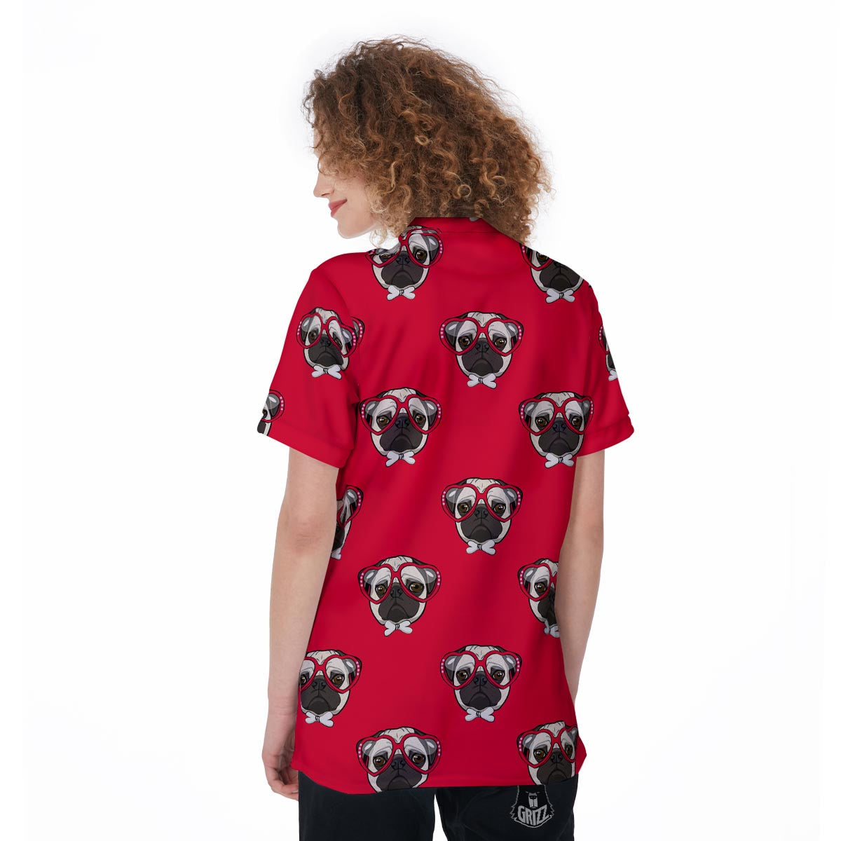 Pug Red Glasses Print Pattern Women's Golf Shirts-grizzshop