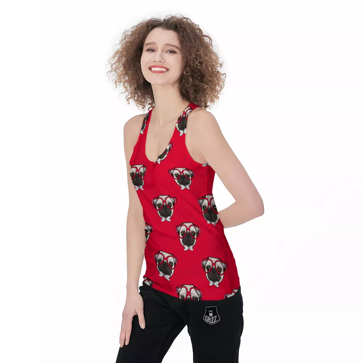 Pug Red Glasses Print Pattern Women's Racerback Tank Top-grizzshop