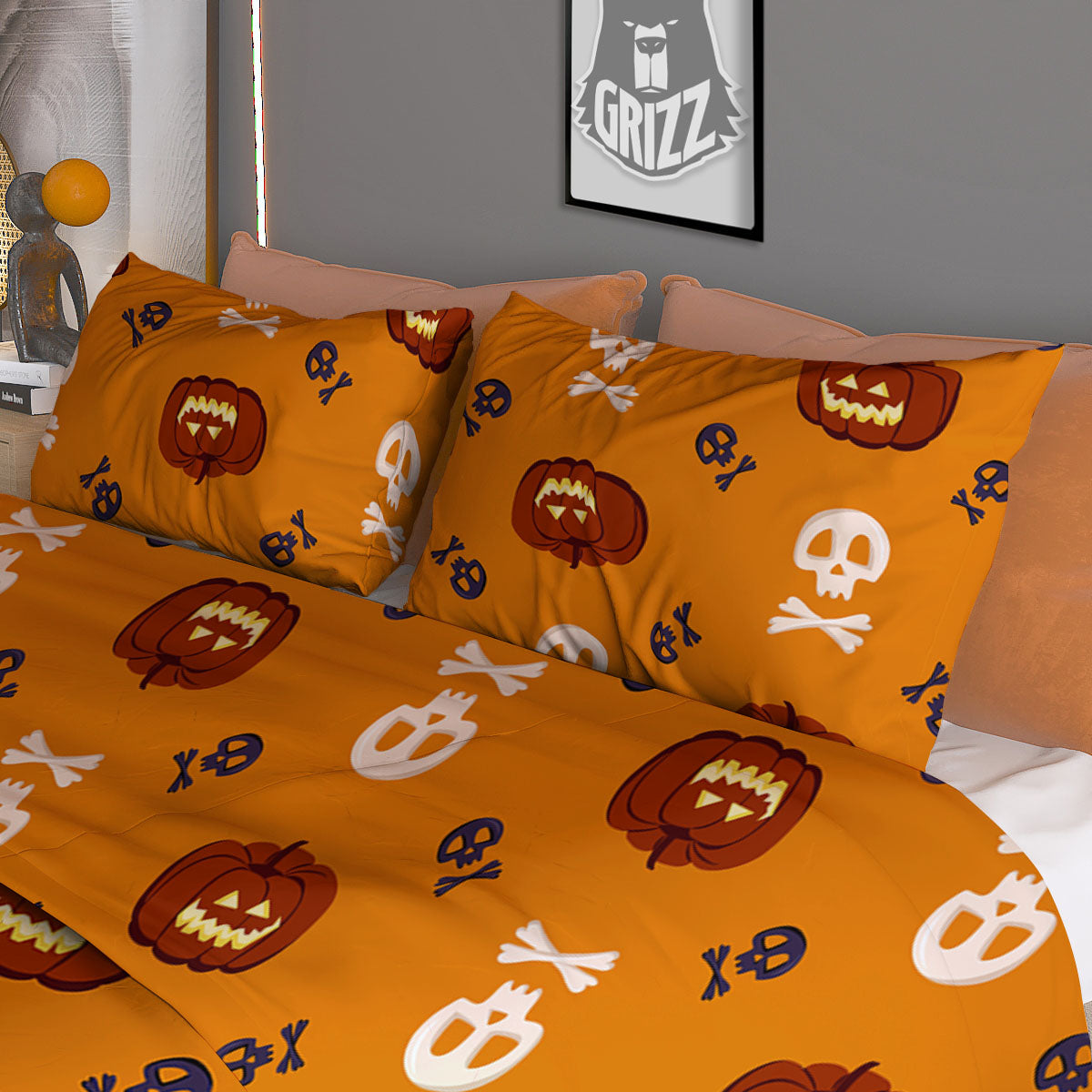 Pumkin And Skull Halloween Print Pattern Duvet Cover Bedding Set