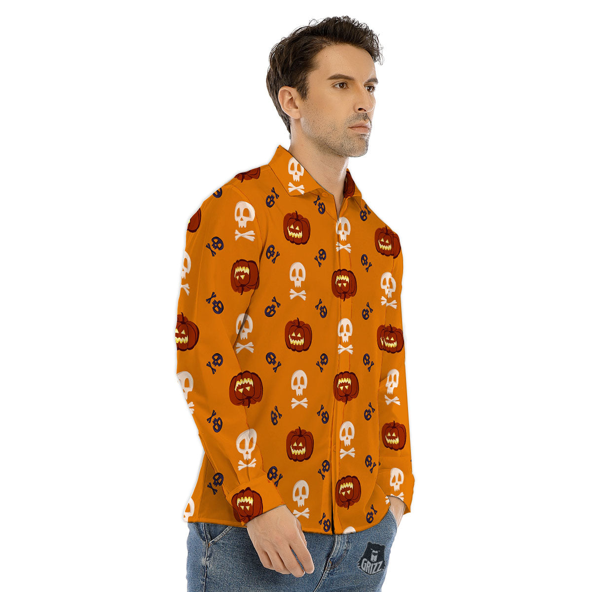 Pumkin And Skull Halloween Print Pattern Men's Dress Shirts-grizzshop