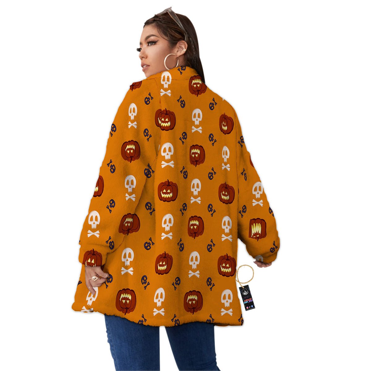 Pumkin And Skull Halloween Print Pattern Women's Sherpa Jacket-grizzshop