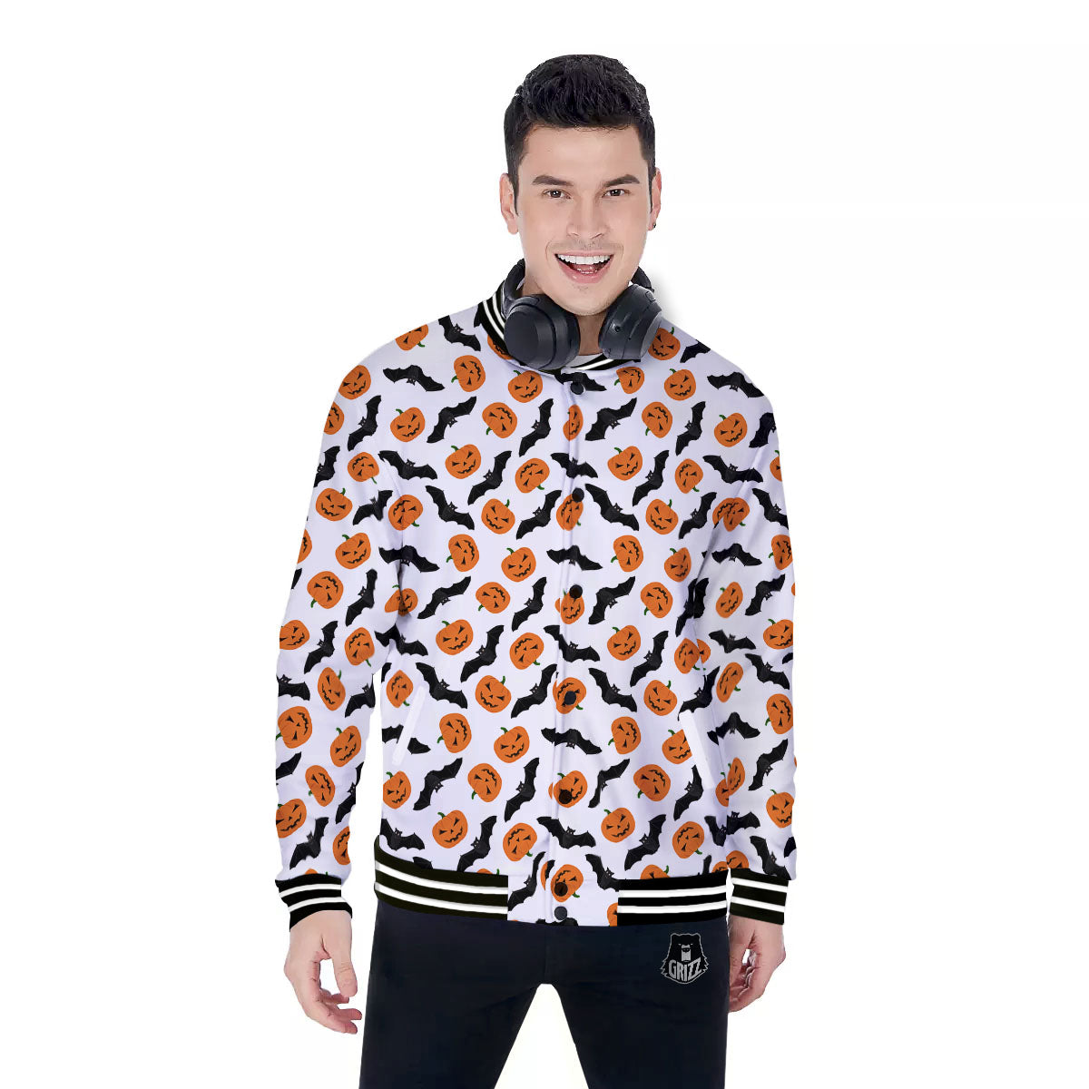 Pumpkin And Bat Halloween Print Pattern Baseball Jacket-grizzshop