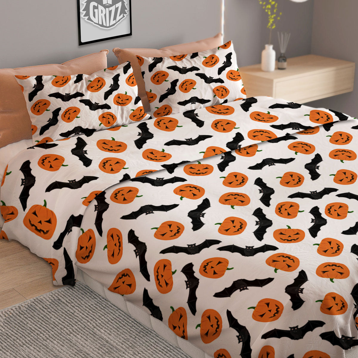 Pumpkin And Bat Halloween Print Pattern Duvet Cover Bedding Set