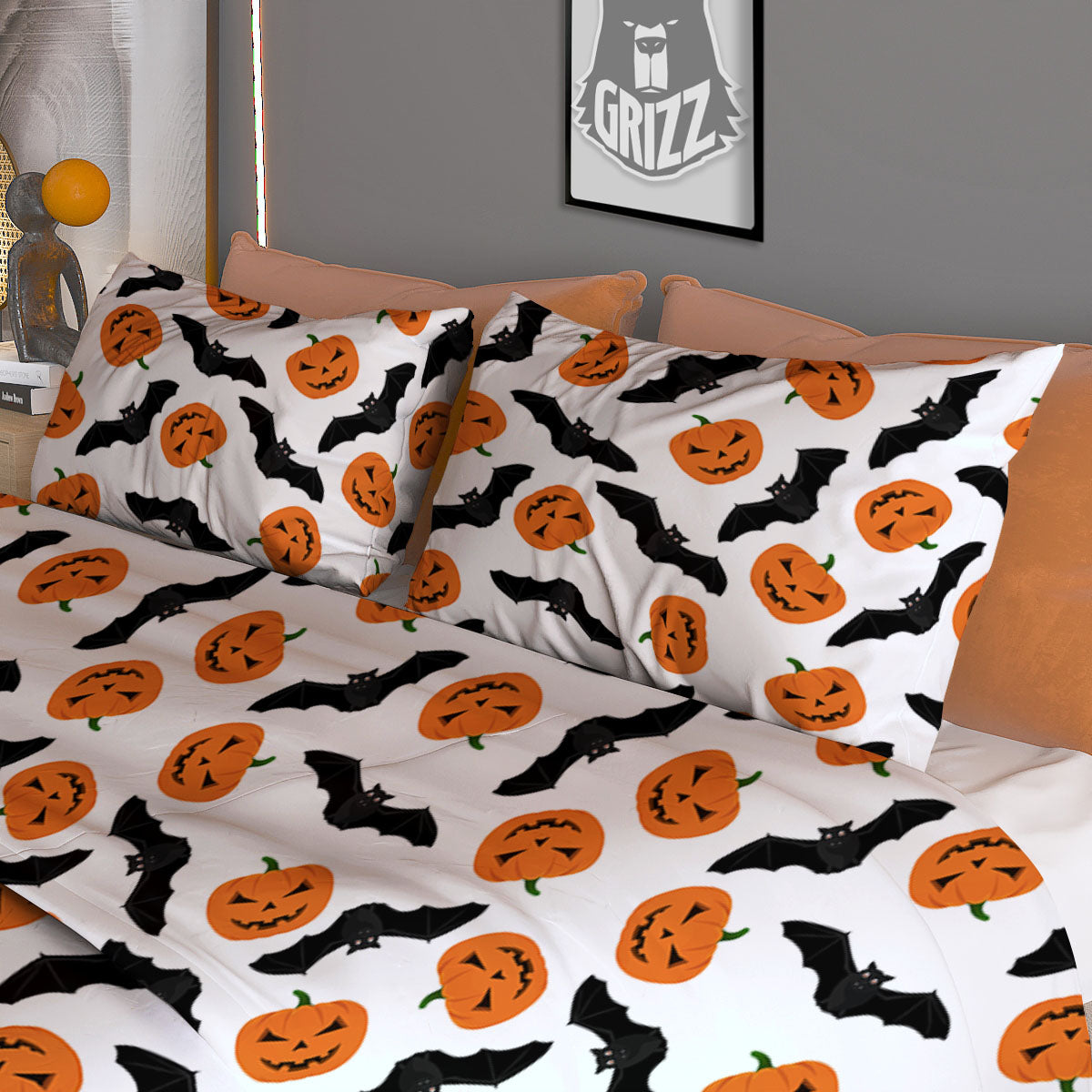 Pumpkin And Bat Halloween Print Pattern Duvet Cover Bedding Set