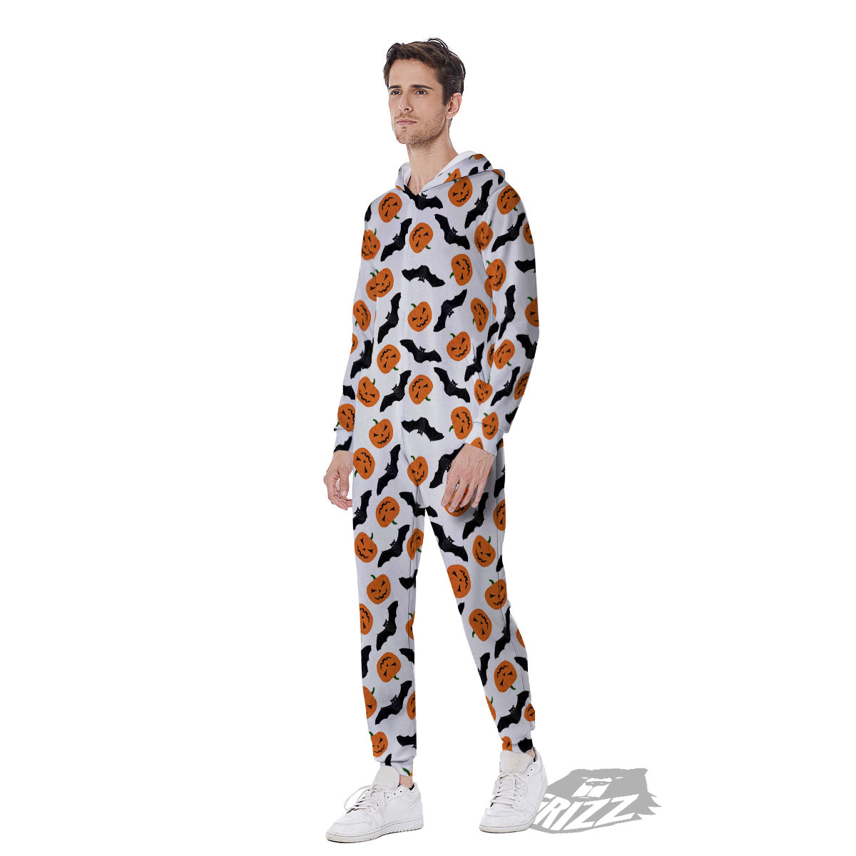 Pumpkin And Bat Halloween Print Pattern Men's Jumpsuit-grizzshop