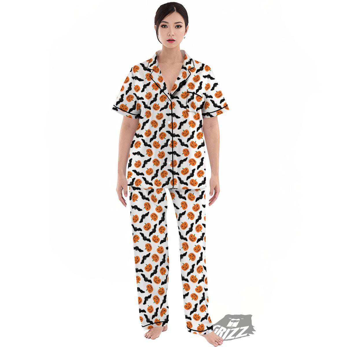 Pumpkin And Bat Halloween Print Pattern Women's Pajamas Set-grizzshop