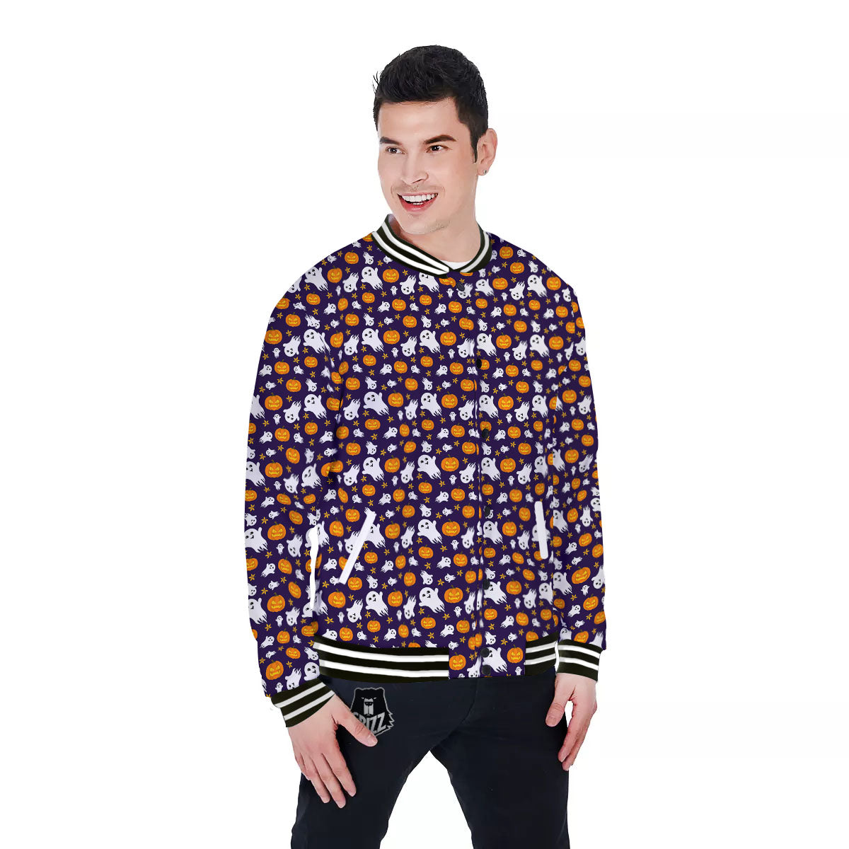 Pumpkin And Ghost Print Pattern Baseball Jacket-grizzshop