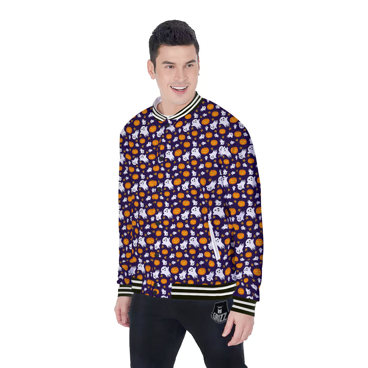 Pumpkin And Ghost Print Pattern Baseball Jacket-grizzshop