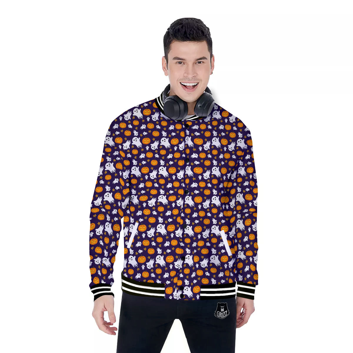 Pumpkin And Ghost Print Pattern Baseball Jacket-grizzshop