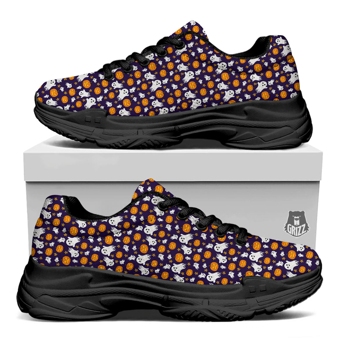 Pumpkin And Ghost Print Pattern Black Chunky Shoes-grizzshop