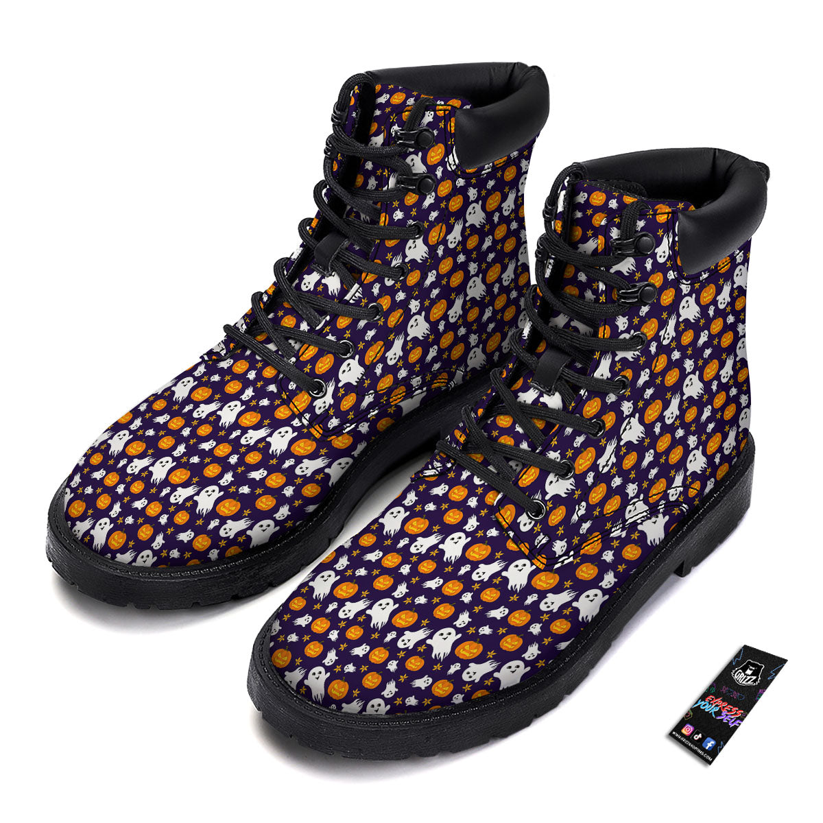 Pumpkin And Ghost Print Pattern Boots-grizzshop