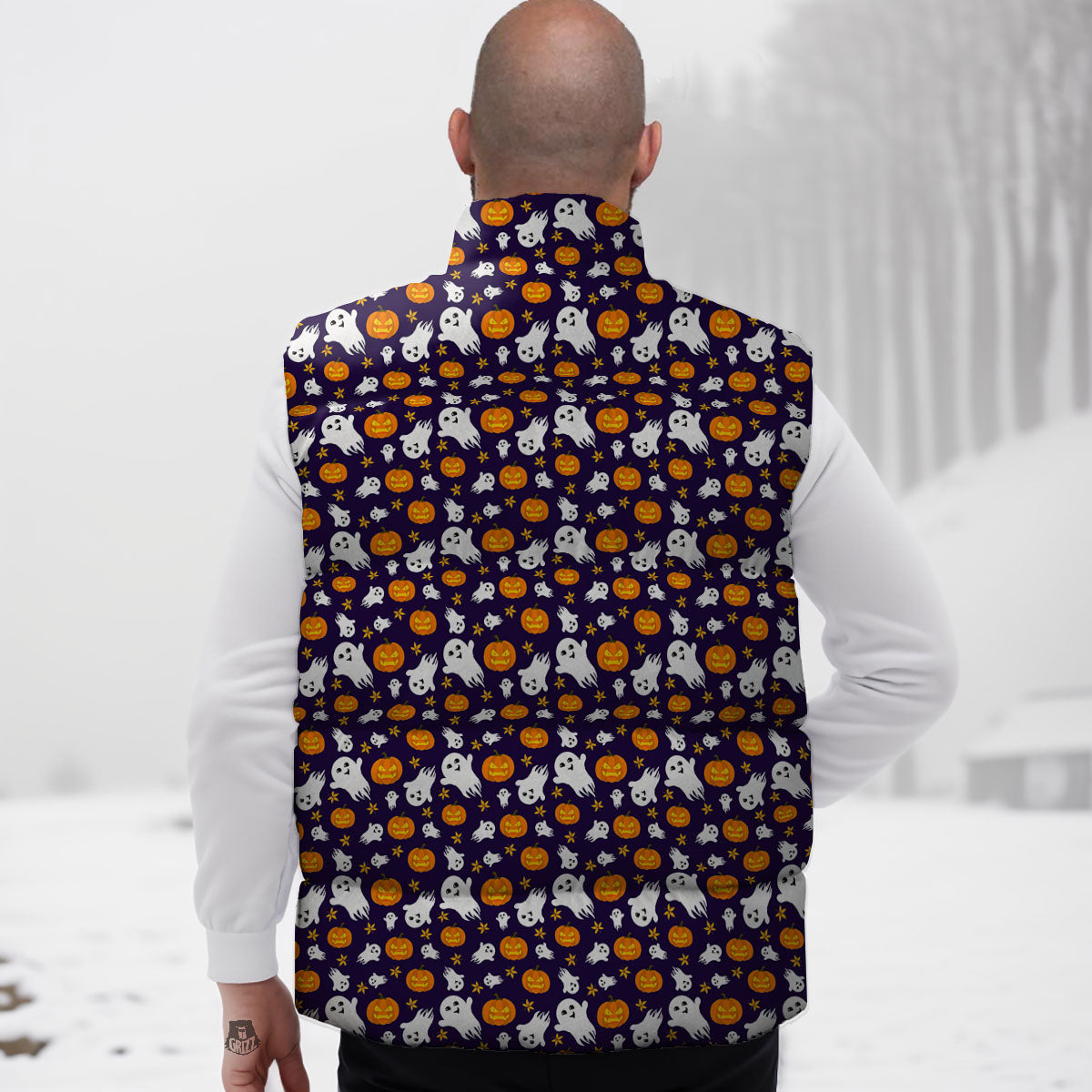 Pumpkin And Ghost Print Pattern Down Vest-grizzshop