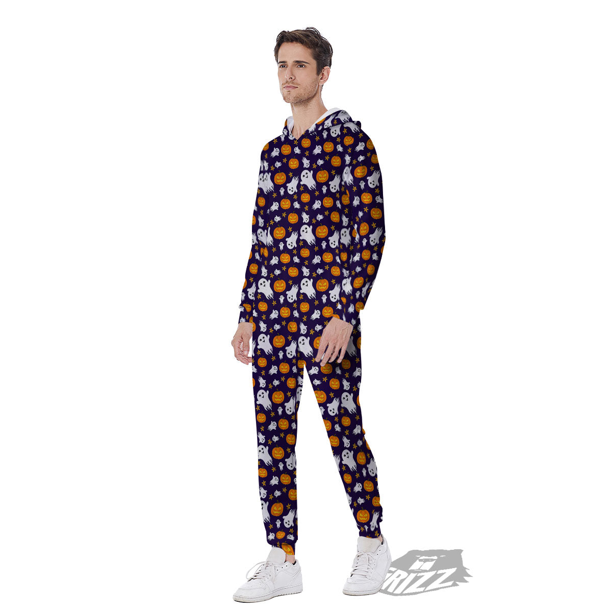 Pumpkin And Ghost Print Pattern Men's Jumpsuit-grizzshop