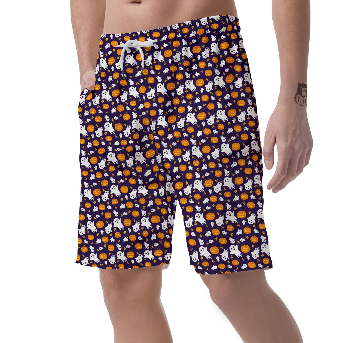 Pumpkin And Ghost Print Pattern Men's Shorts-grizzshop