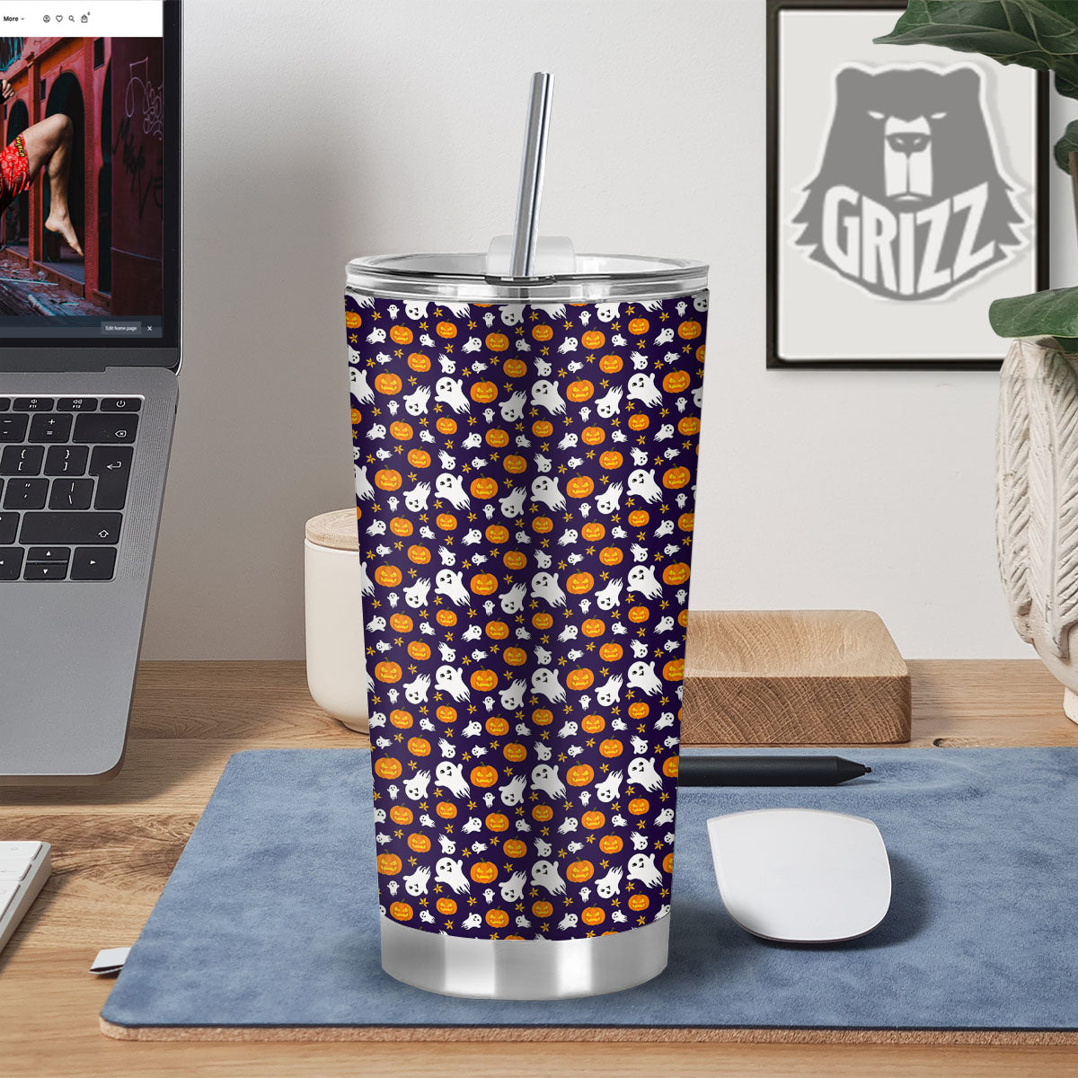 Pumpkin And Ghost Print Pattern Tumbler-grizzshop