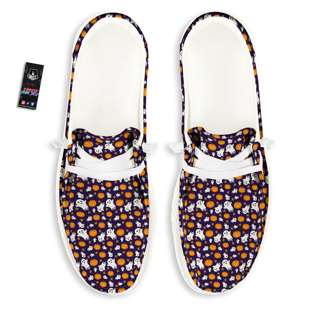 Pumpkin And Ghost Print Pattern White Loafers-grizzshop