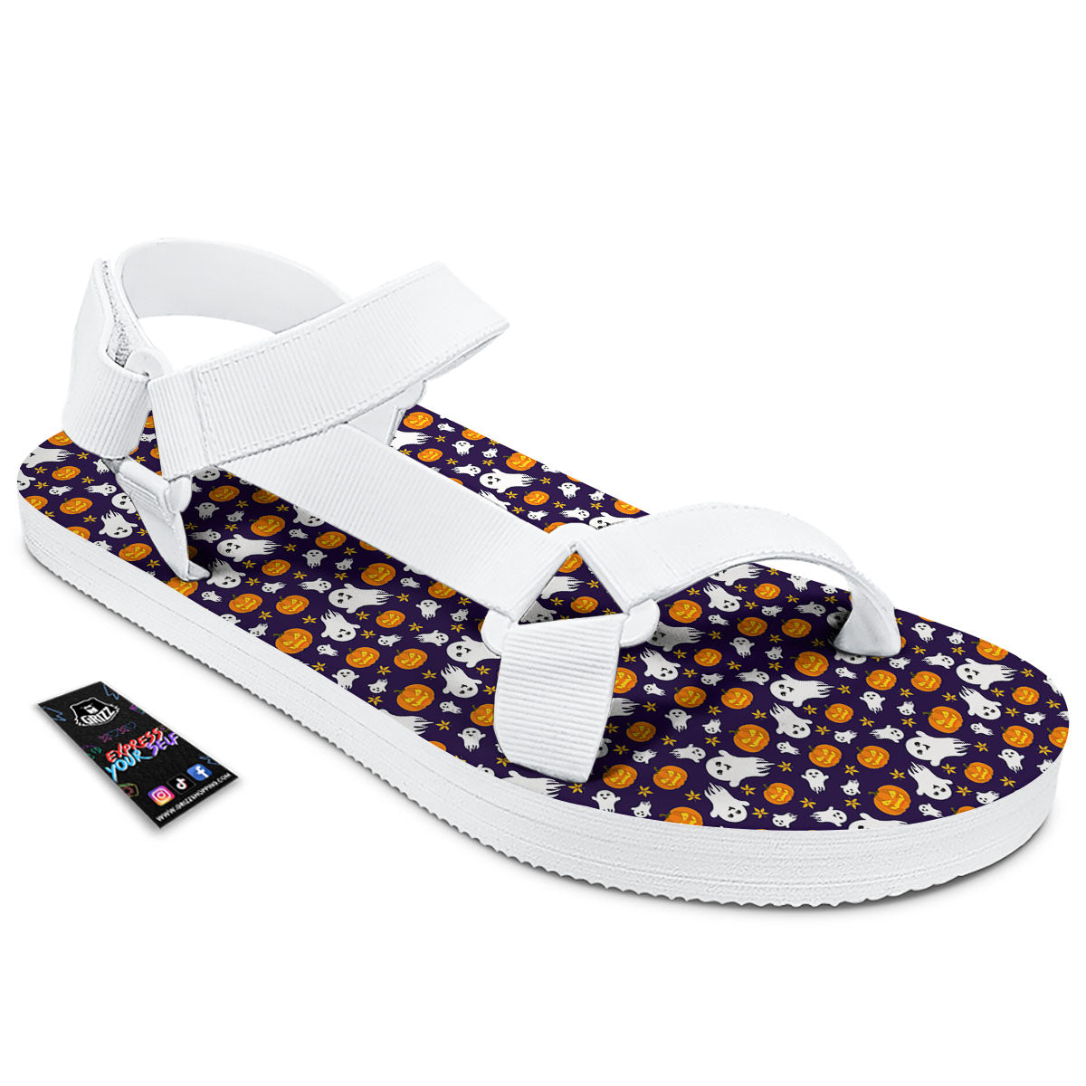 Pumpkin And Ghost Print Pattern White Open Toe Sandals-grizzshop