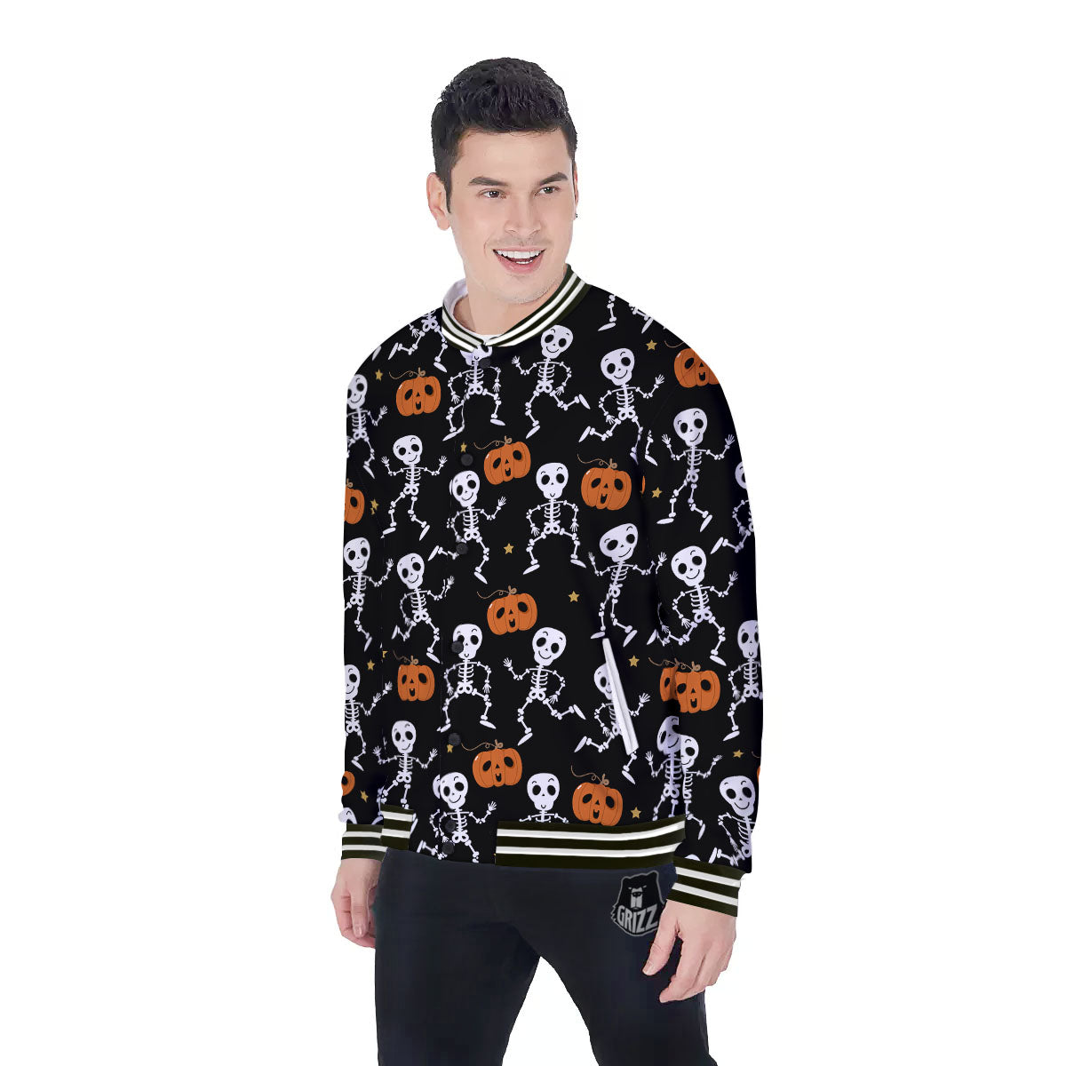 Pumpkin And Skeleton Halloween Print Baseball Jacket-grizzshop