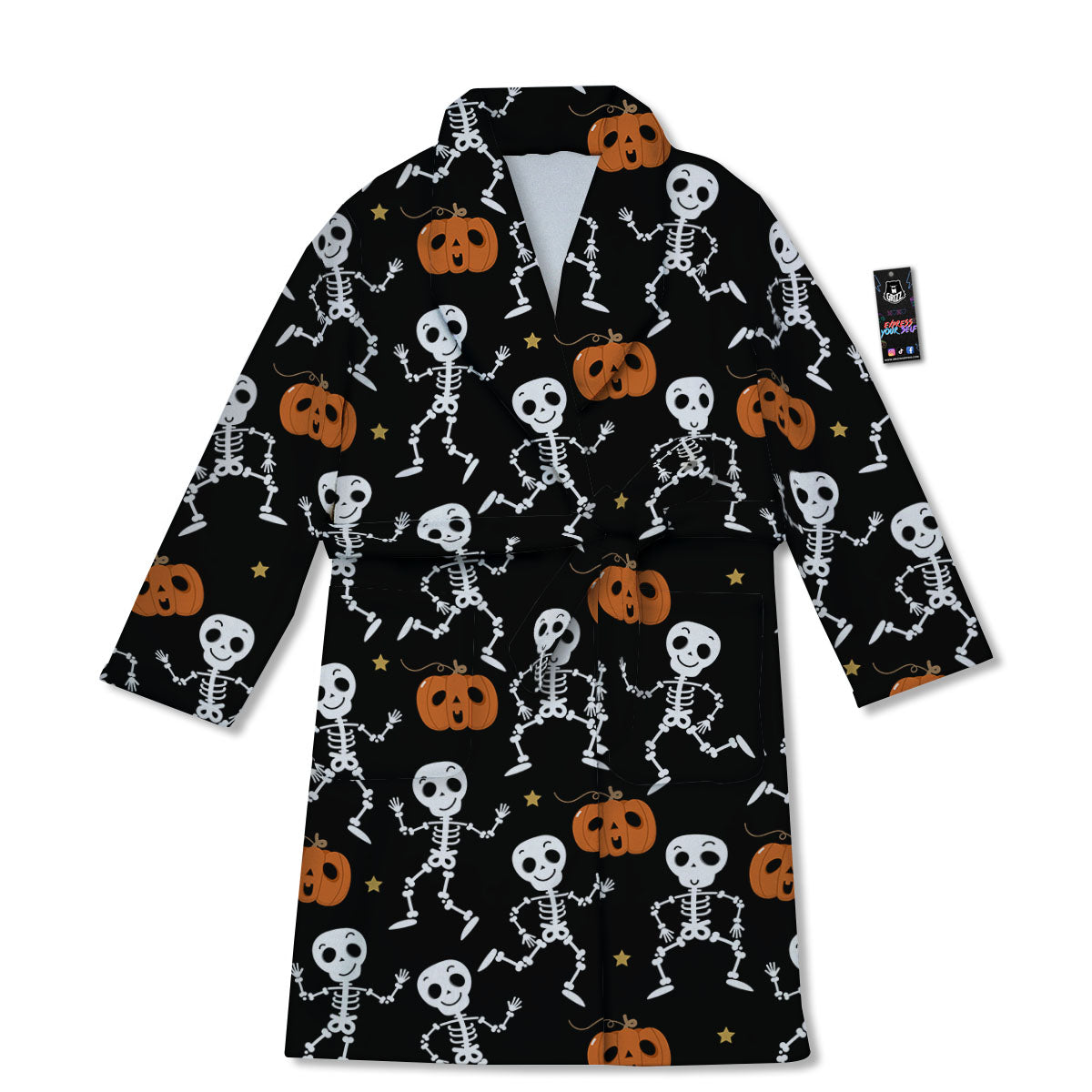 Pumpkin And Skeleton Halloween Print Bathrobe-grizzshop
