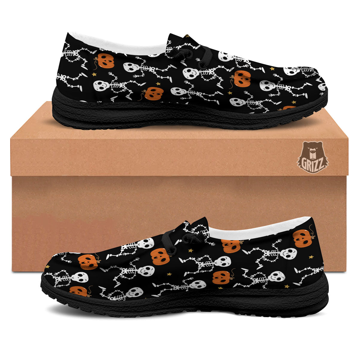 Pumpkin And Skeleton Halloween Print Black Loafers-grizzshop