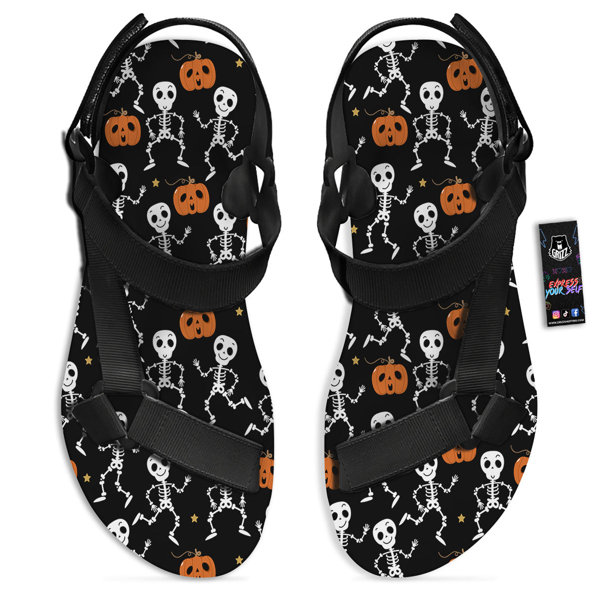 Pumpkin And Skeleton Halloween Print Black Open Toe Sandals-grizzshop
