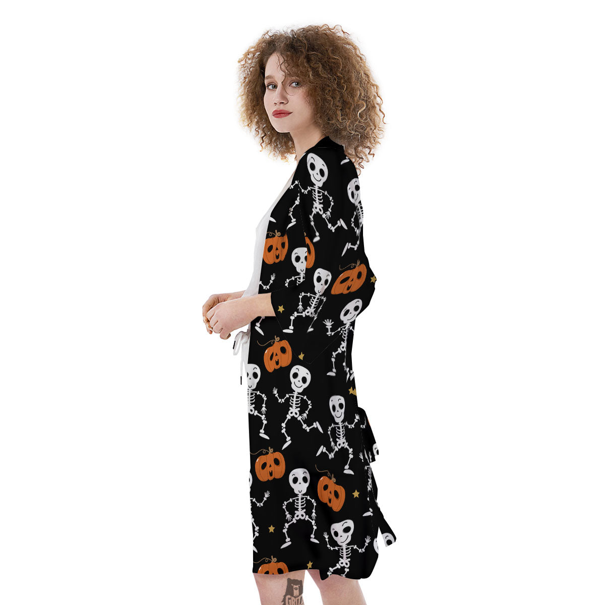 Pumpkin And Skeleton Halloween Print Kimono-grizzshop