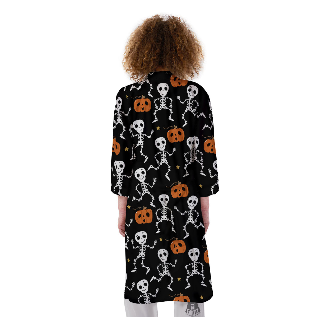 Pumpkin And Skeleton Halloween Print Kimono-grizzshop